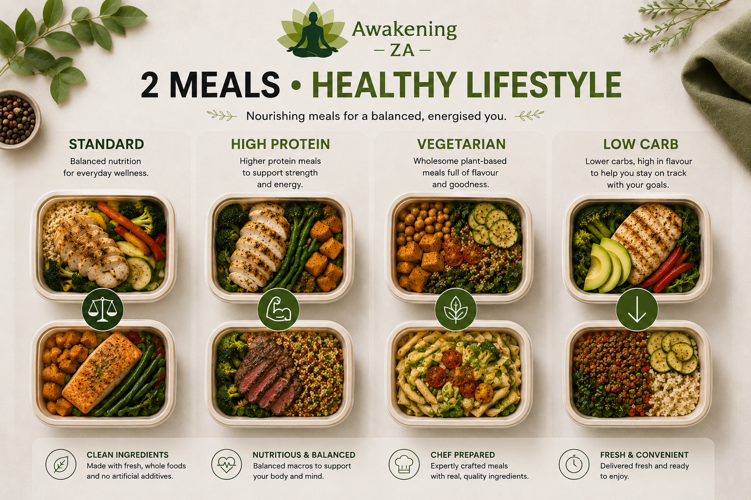 Healthy meal prep South Africa Meal prep Johannesburg Healthy meal delivery Fresh prepared meals Weight loss meal plan Muscle gain meal plan Healthy lifestyle meal plan High-protein meal prep Low-carb meal delivery Vegetarian meal prep Portion-controlled meals Chef-prepared meals Weekly meal plans Monthly meal plans Healthy food delivery South Africa Clean eating meal prep Fitness meal prep Fresh healthy meals Convenient healthy meals Awakening ZA Meal Prep